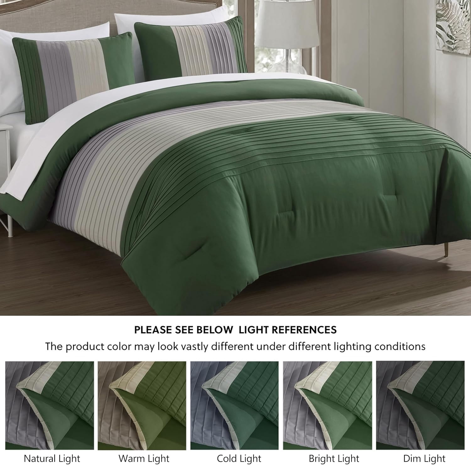 Chezmoi Collection Briar 7-Piece California King Bed in a Bag Comforter Set with Sheets - Lightweight Comforter Forest Green Gray Cream Luxury Pleated Stripe Bedding Set for All Season