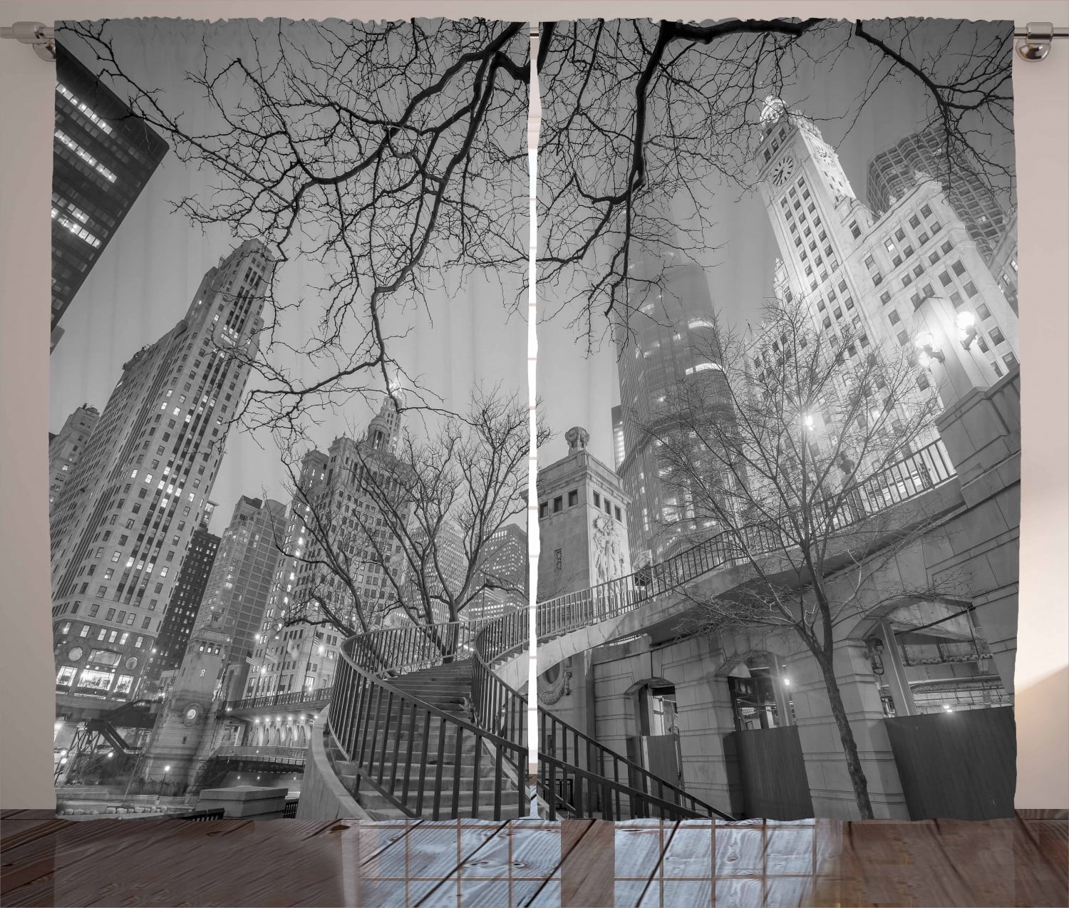 Black and White Curtains 2 Panels Set, Chicago City Downtown Nighttime