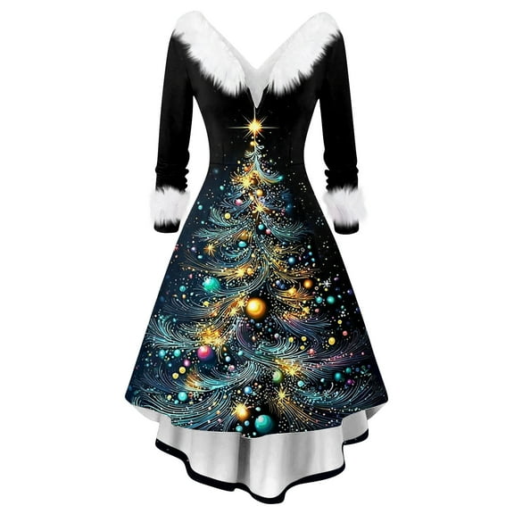 Christmas Dresses for Women Women's Fashion Elegant Autun And Winter Long Sleeve V-Neck Christmas Print Dress for Holiday Party,Black,L