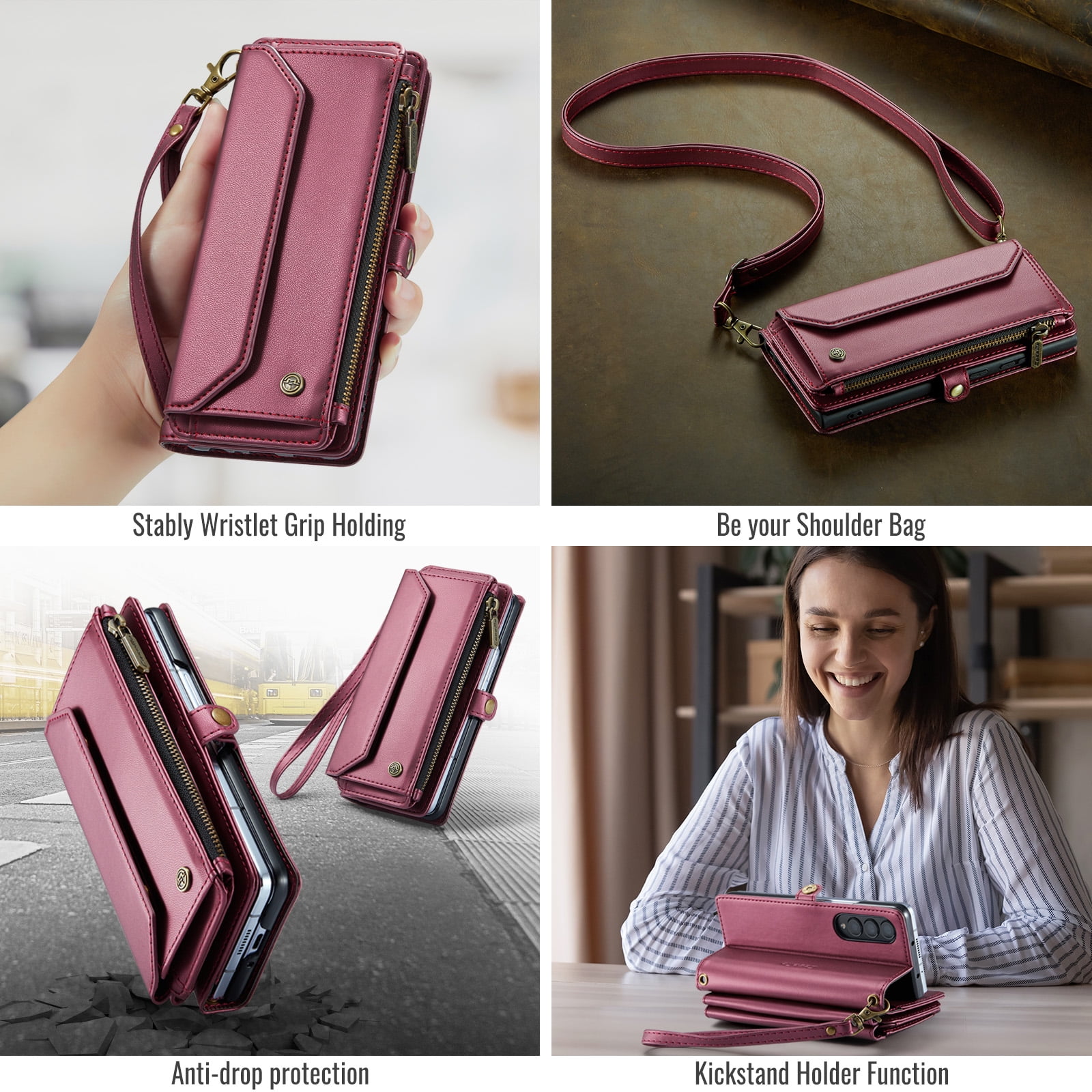 Dteck for Samsung Galaxy Z Fold 4 Case with RFID Blocking Wallet Case for Women Men, Shockproof PU Leather Magnetic Flip Strap Zipper Card Holder Phone Case,Winered