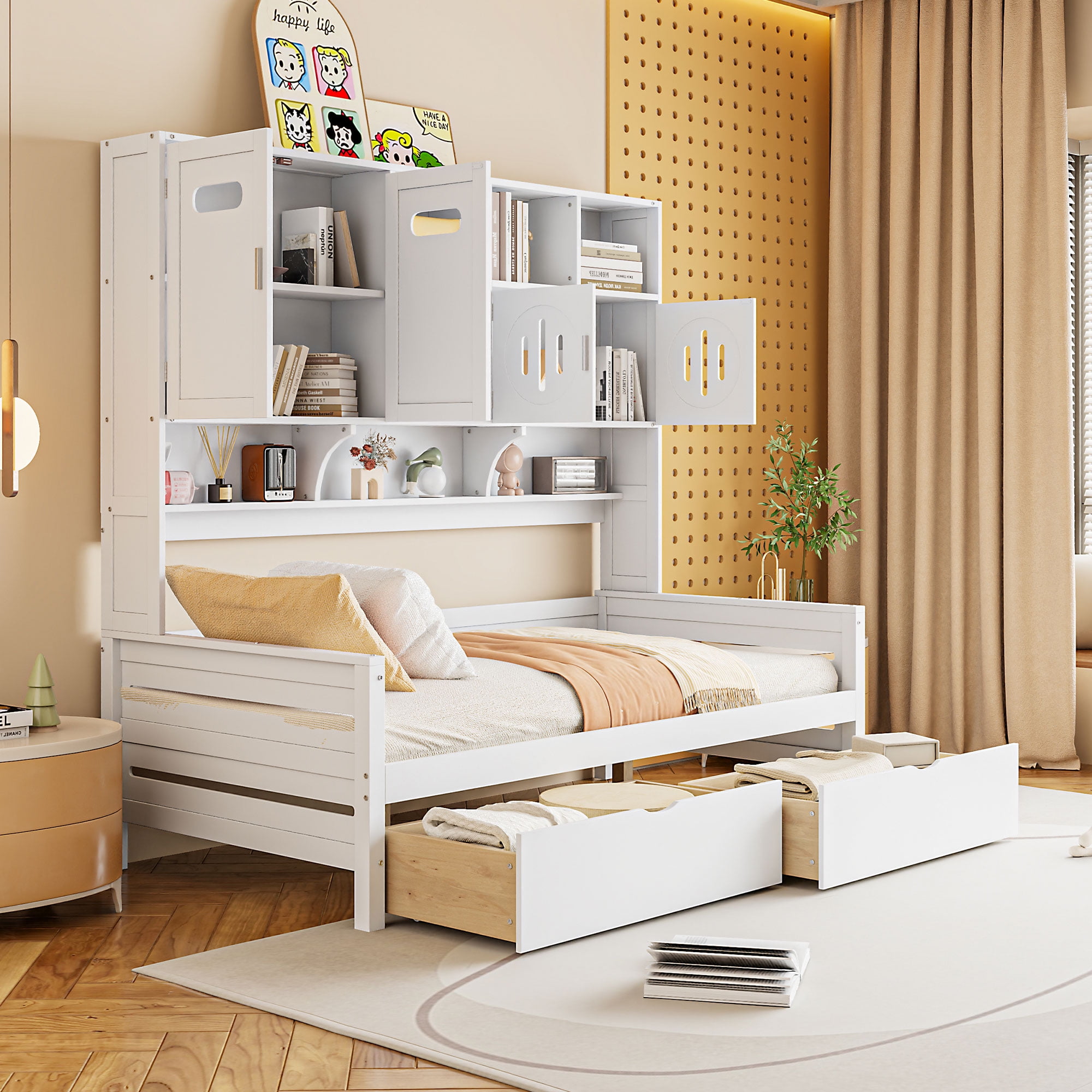 Mintazer Twin Platform Bed with Side Bookcase & 2 Drawer and 2 Cabinets, All-in-One Wood Storage Daybed Frame for Kids Teens Bedroom Guest Room, White