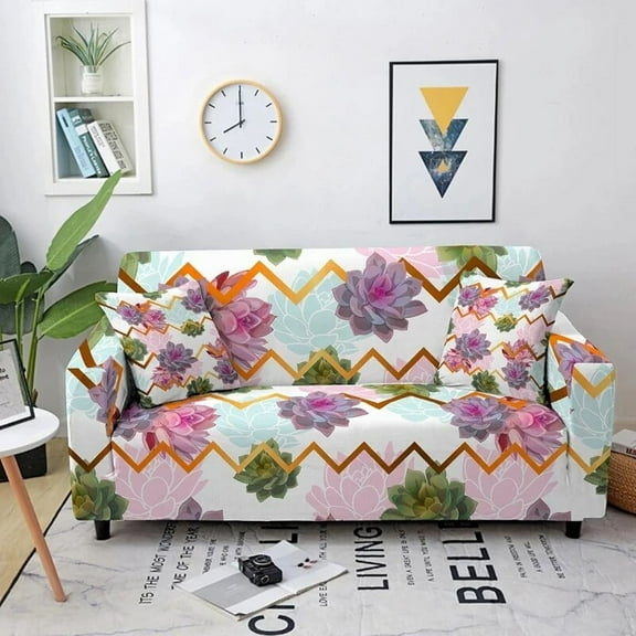 Purple Flower Wavy Line Printed Sofa Cover Elastic Dustproof and Wrinkle Resistant Universal ration for Multi-person Sofa