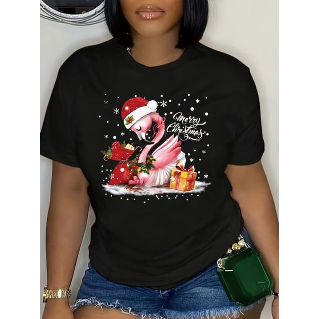 Christmas Flamingo Print Crew Neck T-Shirt - 100% Polyester Casual Knit Tee with Regular Length for All Seasons