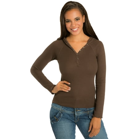 Flag Thermal Shirt - Sweet Vibes Junior Womens Stretch Dark Brown Thermal Snap Henley Top W Hood