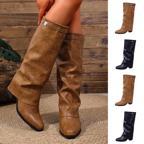 Tqyyweavej Knee High Boots Women Oversized Fold Over Pointed Toe Boots Mid Block Heeled Versatile Solid Color Fall Boots for Women