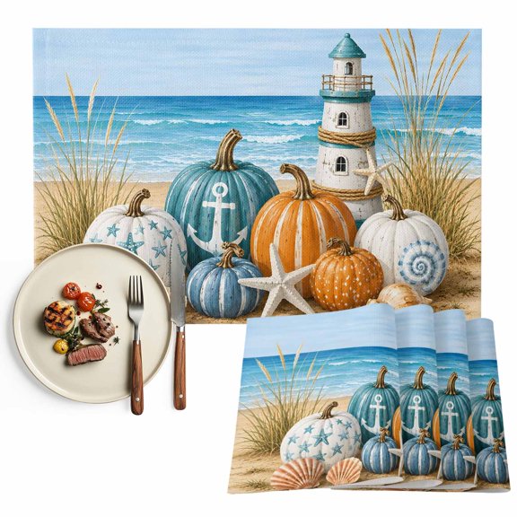 Fall Coastal Pumpkins Placemats Set of 6, Thanksgiving Autumn Beach Nautical Washable Wipeable Table Mats for Dining Tables, Indoor Outdoor Kitchen Place Mats for Holiday Party Table Decor