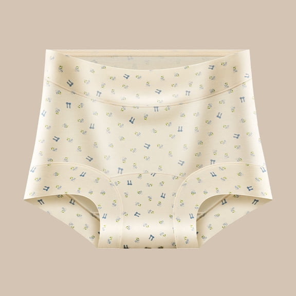 Avrnliq Womens High-Waisted 100% Cotton Briefs, Beige with Tiny Blue Green Motifs, Seamless Tummy Control, Sizes M-XXXL,Size XL