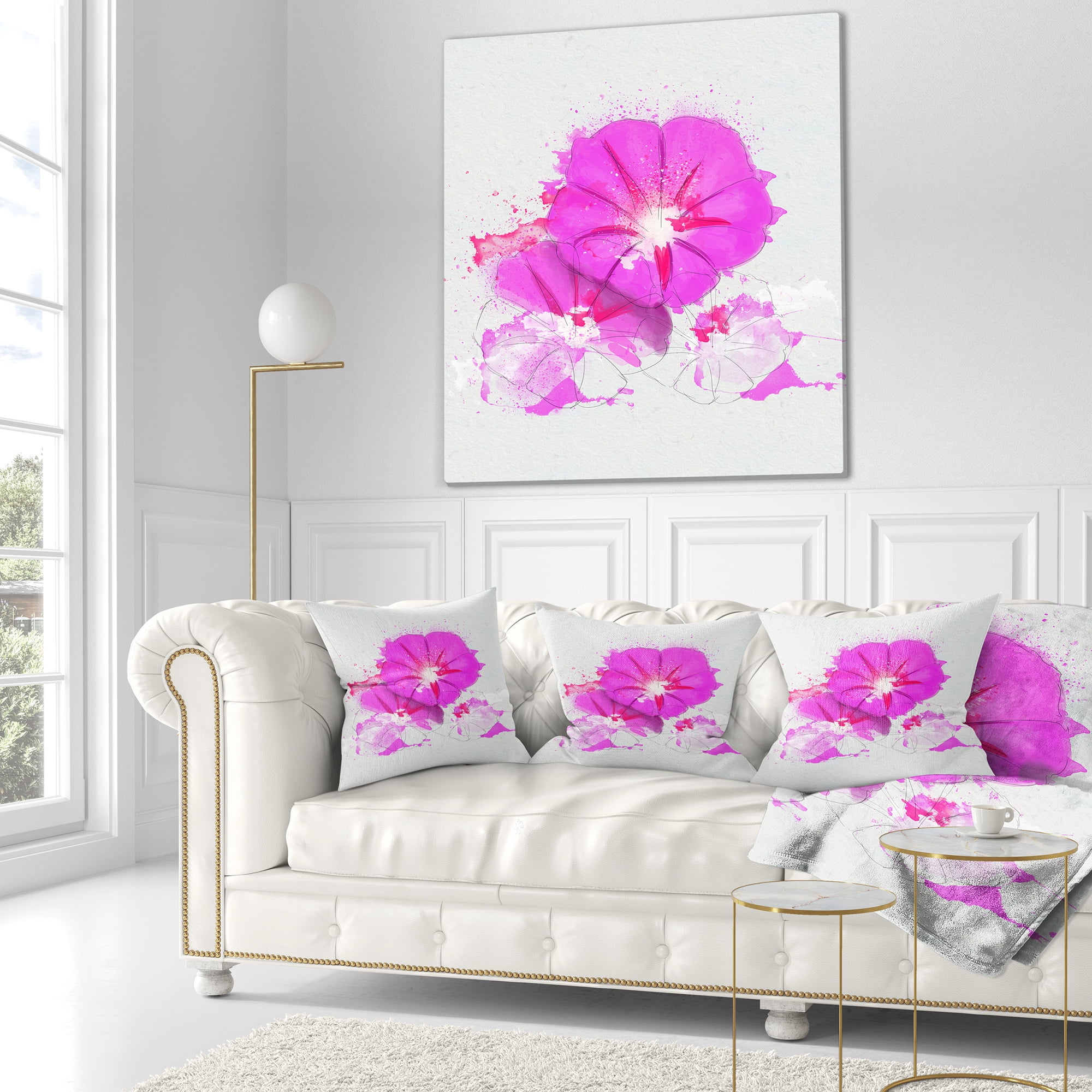Designart Pink Flowers Sketch with Color Splashes - Floral Throw Pillow - 16x16