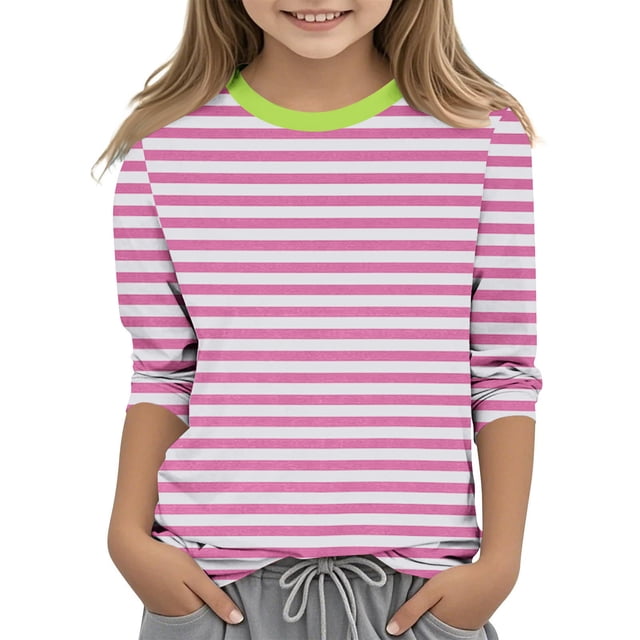 Dealovy T-Shirts Décontractés pour Filles Manches 3/4 Rayé Col Rond Tunique Mignonne Basique Ample