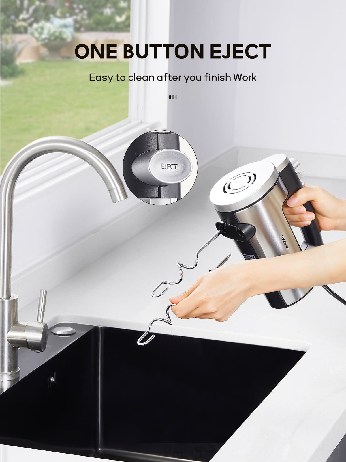 Reemix Hand Mixer - 7-Speed (6+Turbo Boost) Electric Mixer, 300W Powerful Motor, Dishwasher-Safe, One-Touch Eject