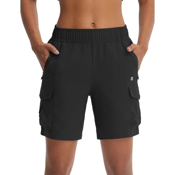 BALEAF Women's 7'' Hiking Shorts Lightweight Water Resistant Athletic Golf Cargo Shorts with Zipper Pockets Quick Dry Summer Black L