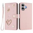 thumbnail image 2 of Leather For Apple iPhone 17 Case Double Layered Heart-shaped Flower Flip Wallet Leather Case, Card Holder Magnetic Closure  Phone Cases Cover With Hand Strap,Pink,For iPhone 17, 2 of 8