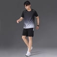 thumbnail image 4 of Sports Suit 2pcs/set Men Sportswear Set Round Neck Short Sleeve T-shirt Elastic Waist Wide Leg Shorts Set Gradient Color Fitness Outfit, 4 of 8