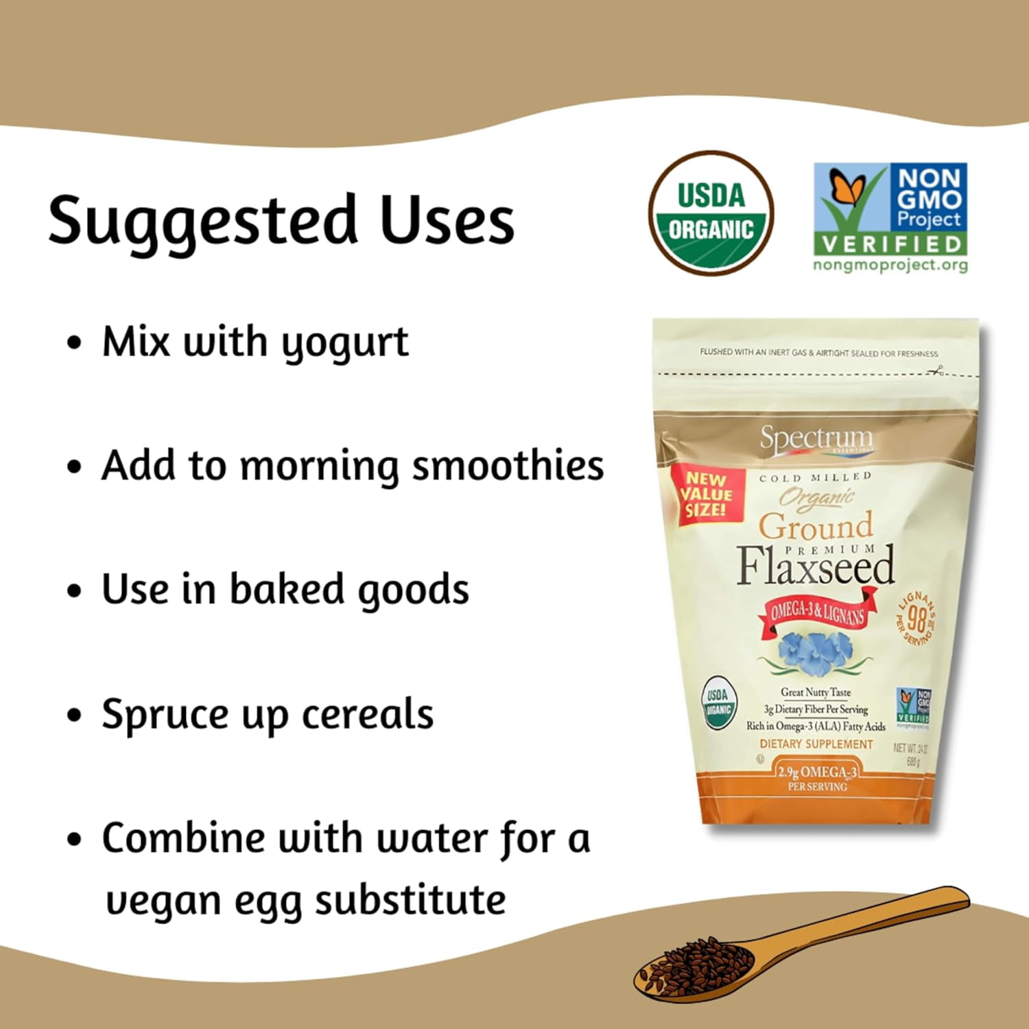 Spectrum Essentials Organic Cold Milled Ground Premium Flaxseed 24 oz Pack of 4