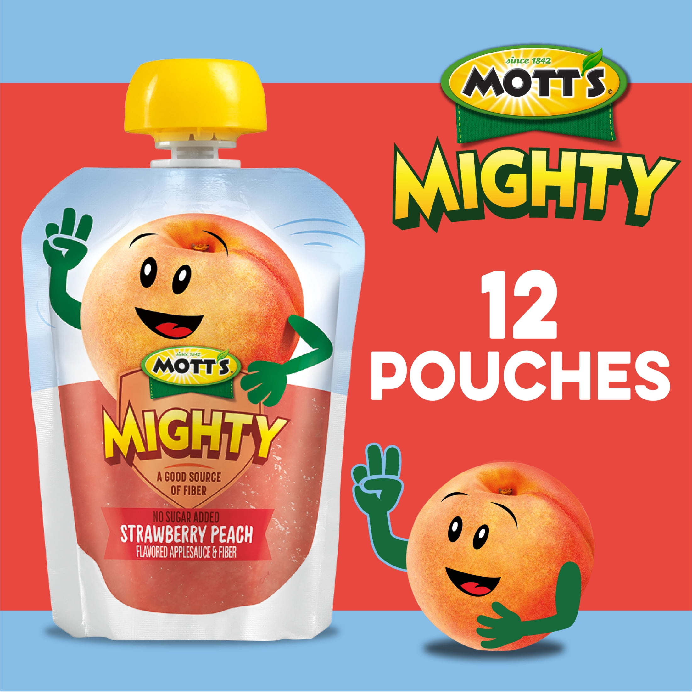 Mott's Mighty Strawberry Peach Applesauce, 3.2 oz, 12 Count Clear Pouches