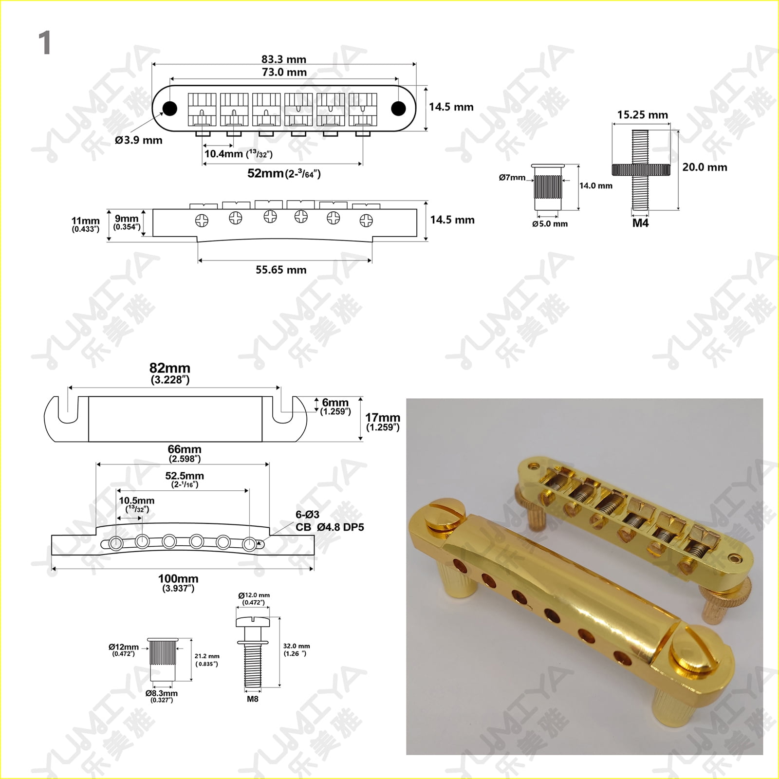 Tune-O-Matic Guitar Fixed Saddle Bridge Tailpiece 1 Set Gold for ABR-1 LP LP Electric Guitars Replacement Parts