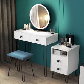 Roundhill Furniture Ashley Wood Make-Up Vanity Table and Stool Set in
