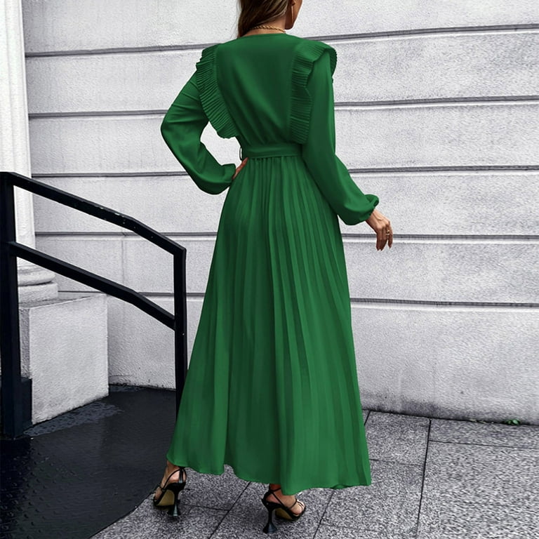 JDEFEG Ladies Summer Dresses Ladies Elegant Pleated Skirt Solid Color Long Sleeve Dress Juniors Dresses Casual Dress for Women Polyester Cotton Green