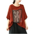 thumbnail image 2 of BRGZLK Women's Linen Blouse Tunic Summer Trendy Printed Round Neck Blouse Loose Casual Versatile Short Sleeve Top Red L, 2 of 3