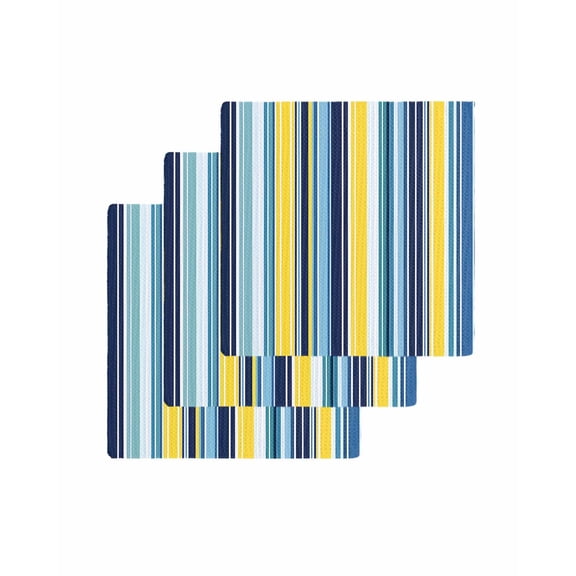 Blue Yellow Teal Stripes Kitchen Dish Towels for Drying Dishes Set of 3, Boho Colorful Ombre Texture Waffle Weave Microfiber Terry Hand Tea Bathroom Towels Quick Dry & Absorbent Towel 12x12