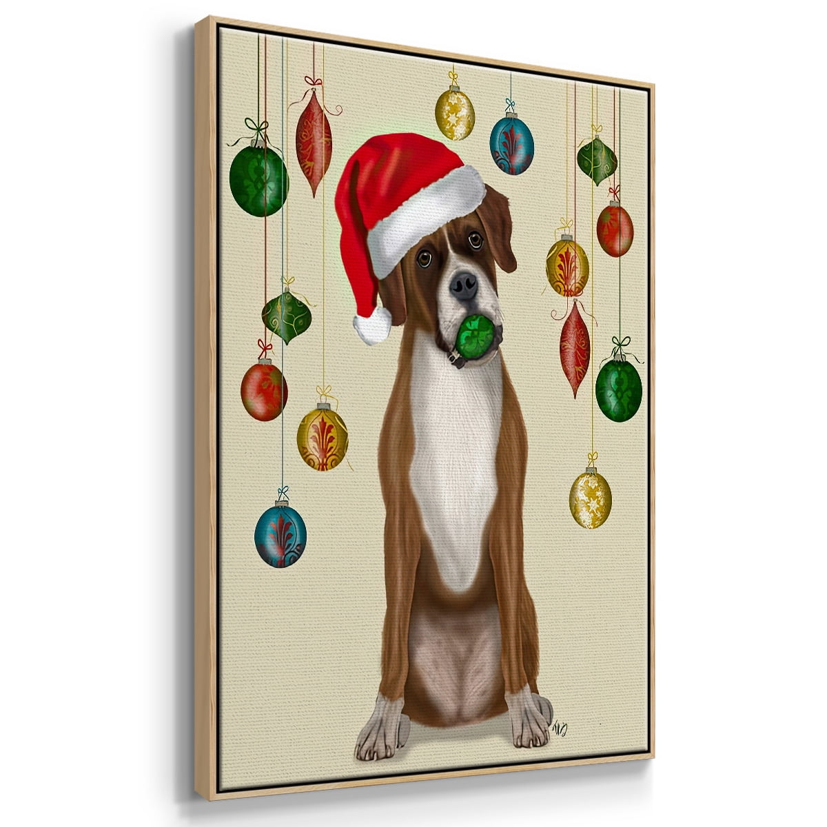 Christmas Boxer and Bauble Ball - Framed Gallery Wrapped Holiday Canvas - 17 x 25 - Natural Wood Frame