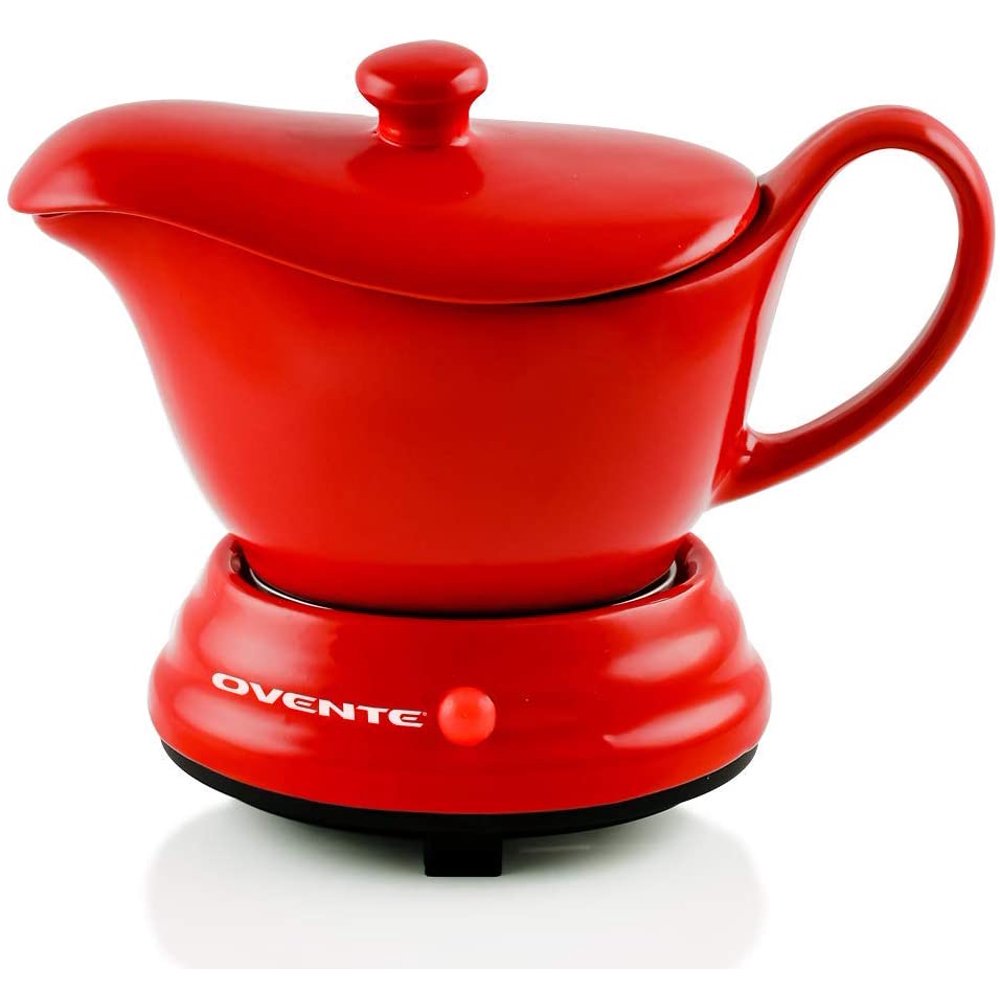 Ovente Electric Gravy Boat Warmer with Portable 16 Ounce Ceramic Serving Bowl & Lid Cover, Small