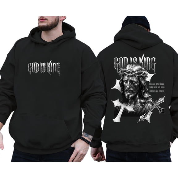 God Is King Double Sided Hoodie – Black Christian Streetwear with Jesus Cross Graphic, Faith-Based Pullover for Men & Women