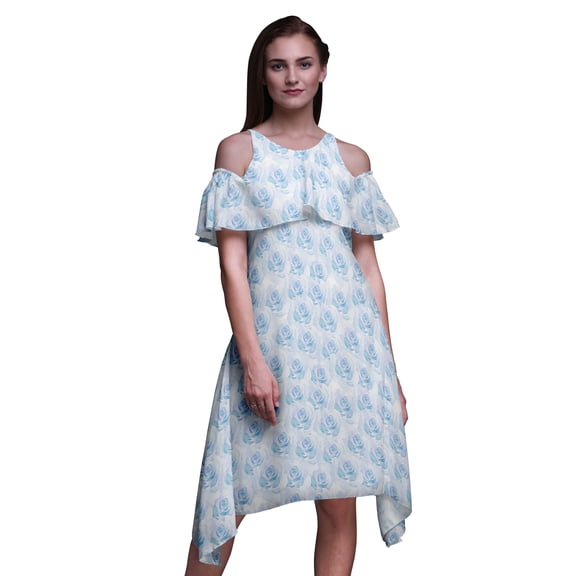 Bimba Floral Printed Women’s Ruffle Front Cold Shoulder Swing Shift Dress-Large