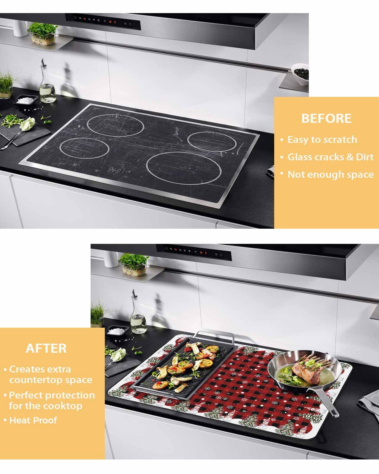 Large Induction Cooktop Protector Mat Christmas Stove Top Covers for Electric Stove, Xmas Trees Snowman Snowflakes Buffalo Plaid Decorative Stove Burner Cover Mats, Glass Top Stove Cover