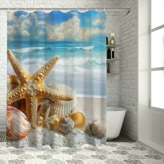 Patifu Starfish Seashells Beach Shower Curtain Set 100% Polyester Washable Shower Curtain with Hooks 36"x72