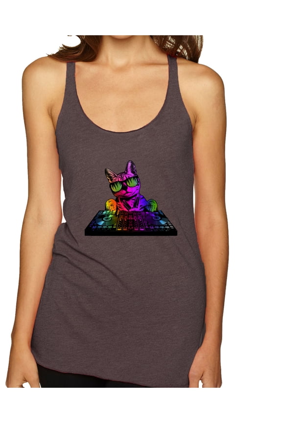 Neon Retro Rainbow DJ MC Hip Hop Cat | Womens Cat Lover Premium Tri-Blend Racerback Tank Top, Brown, X-Large