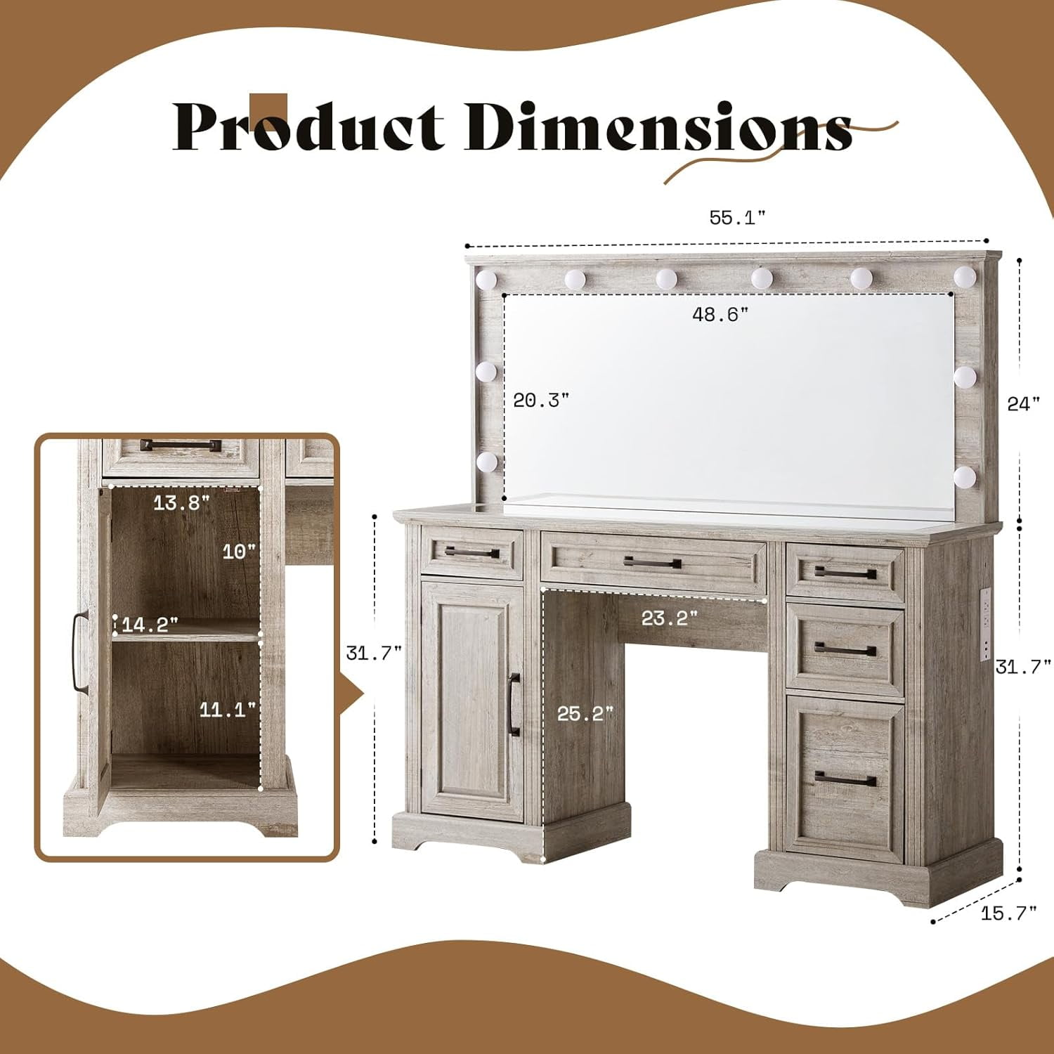 Merluxy Makeup Vanity with Mirror & Lights,Glass Top Vanity with 5 Drawers & Charging Station,Grey