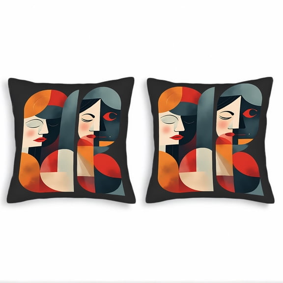 Set of 2 Decorative Throw Pillow Covers 18x18in - Modern Geometric Abstract Design with Stylized Faces in Vibrant Colors for Couch Bed Car