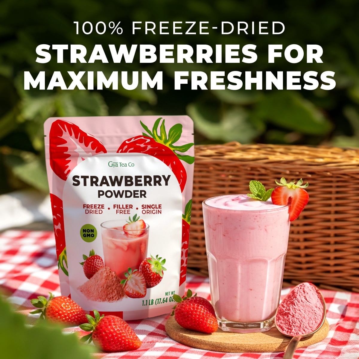 Gya Tea Co Strawberry Powder 1.1lb (17.64 oz) - Freeze Dried Strawberries, Non GMO, Gluten Free, Sugar Free, Natural Strawberry Fruit Powder for Baking, Icing, Cakes & Smoothies, Vegan Friendly