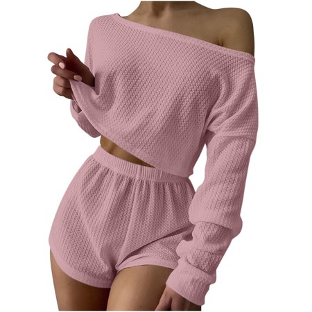 

TZNBGO Sweat Suits For Womens 2 Piece Home Leisure Sets For Women 2 Piece Solid Neck Drop Shoulder Knit Lounge Pajamas Set Waffle Casual Home Button Long Sleeve Suit Pink XXL Sweat Sets For Wo A5021