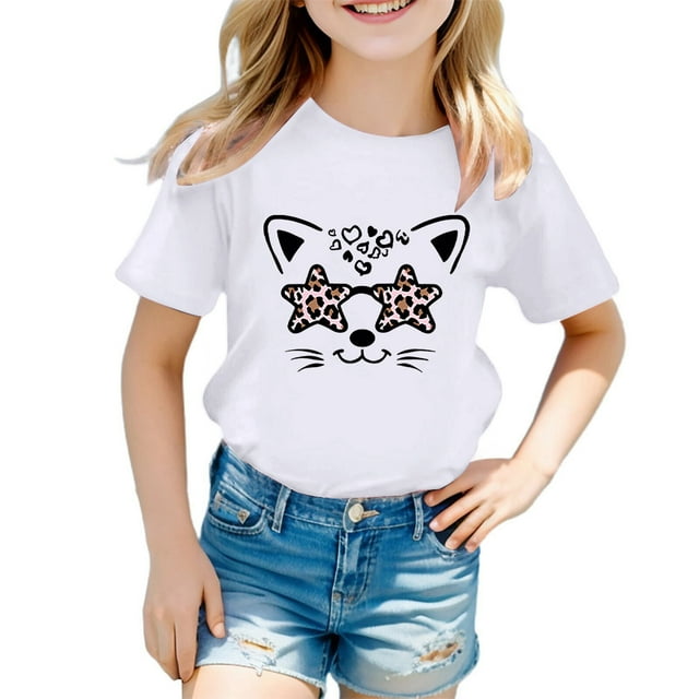 GDREDA Vêtements pour Filles, T-Shirt Graphique Mignon à Col Rond et Manches Courtes, Tunique d'Été Décontractée pour Fille, Blanc, 7-8 Ans
