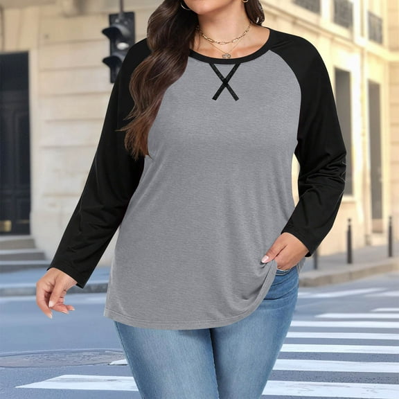 ylioge Womens Plus Size Tops S-5X Long Sleeve Crewneck T Shirts Ladies Casual Color Block Pullover Breathable Basic Athletic Workout Tees Top