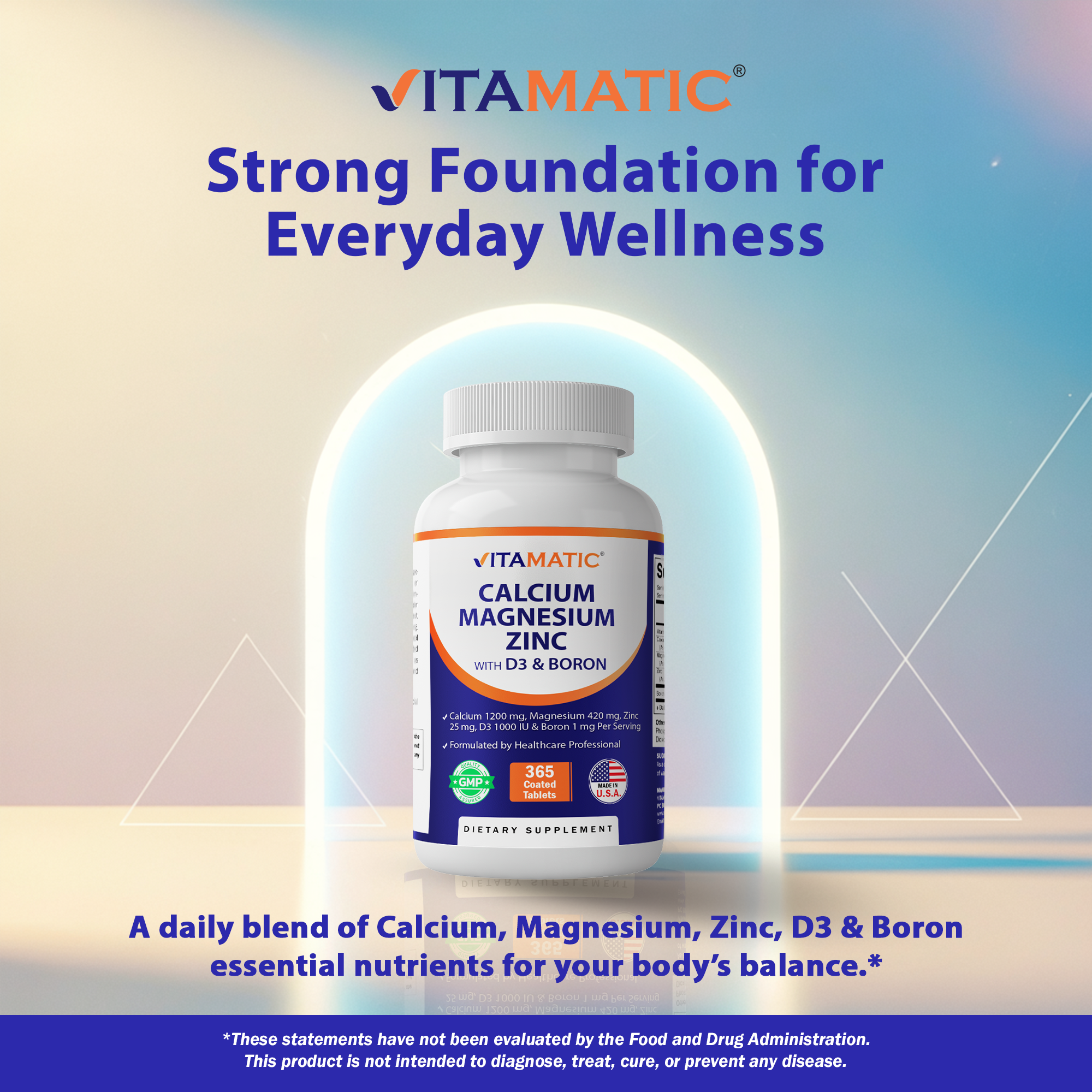 (2 pack) Vitamatic Calcium Magnesium Zinc D3 Boron | 365 Coated Tablets Supplement | Calcium 1200 mg, Magnesium 420mg, Zinc 25mg, Vitamin D3 1000 IU, Boron 1 mg | Non-GMO | Gluten Free | Made in USA