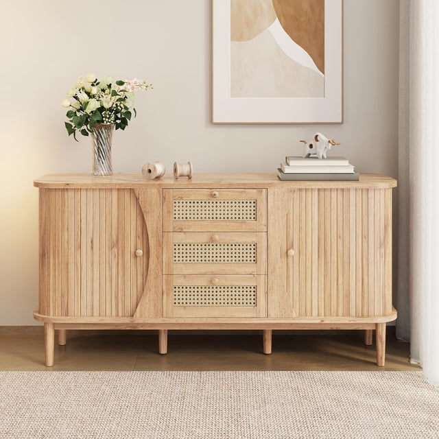 Sideboard, Rattan Dresser, Cabinet with Sliding Doors, Adjustable Shelves, and Rounded Top (Wood + Particle Board-1)
