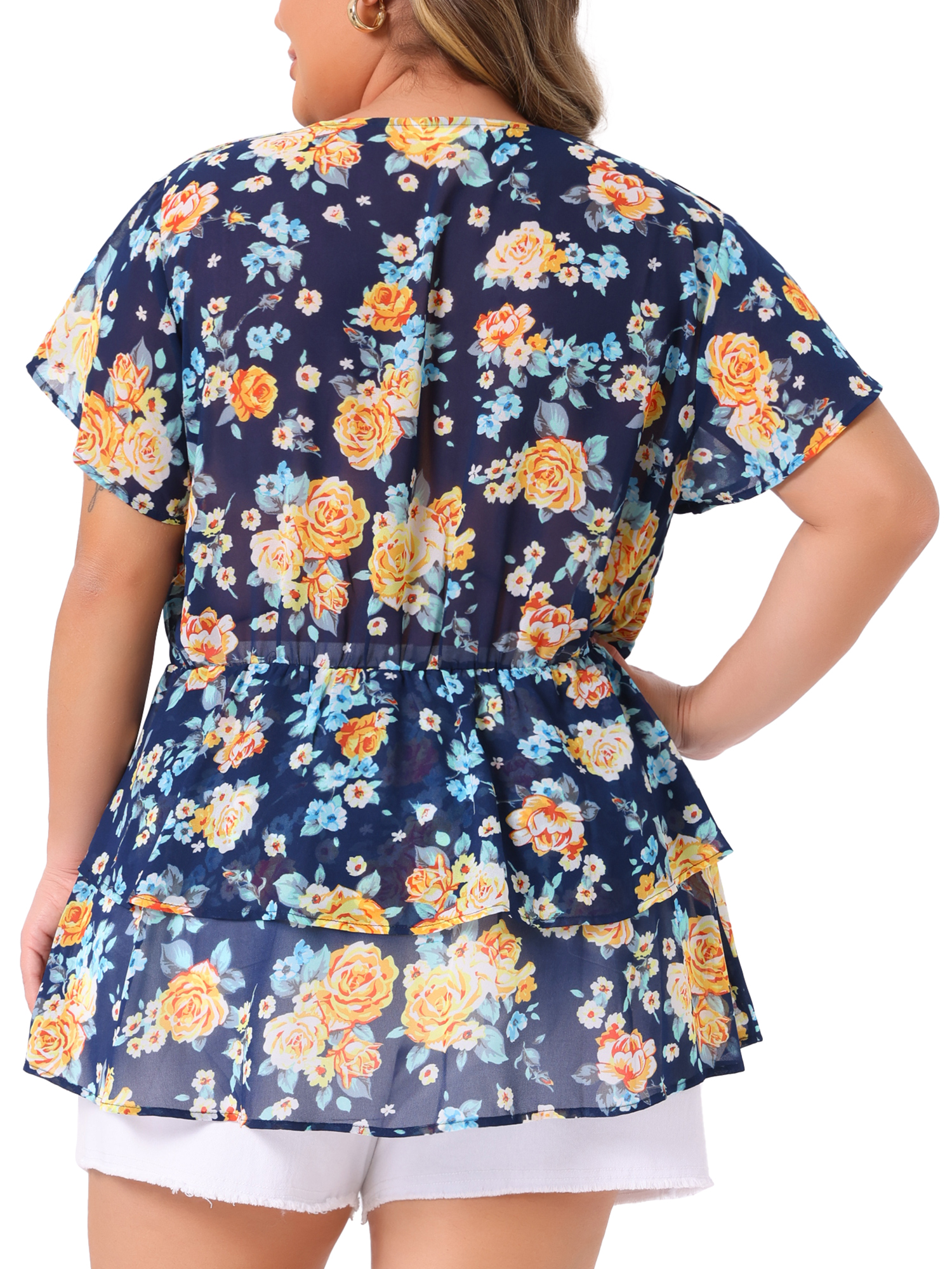 DARING DIVA Women's Plus V Neck Short Sleeve Casual Floral Blouse 3X Dark Blue