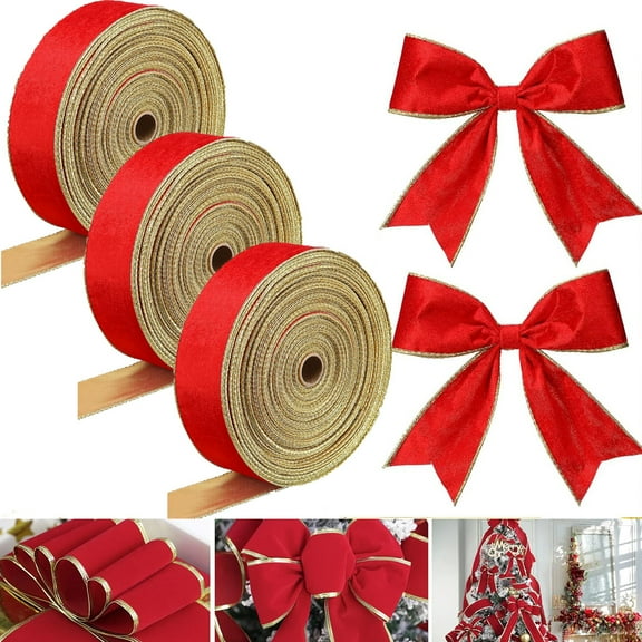 Tutuviw 3 Rolls 15 Yards Christmas Red Velvet Ribbon with Gold Edge, 2.5 inch Wide WiredRibbon Fabric Ribbons for Xmas Tree Bow Wreath Making Gift Wrapping Craft Outdoor Decorative