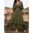 thumbnail image 4 of Army Green Plus Size Casual Vacation Tie Front Maxi Dress With Ruffles, Spring Summer, 4 of 7
