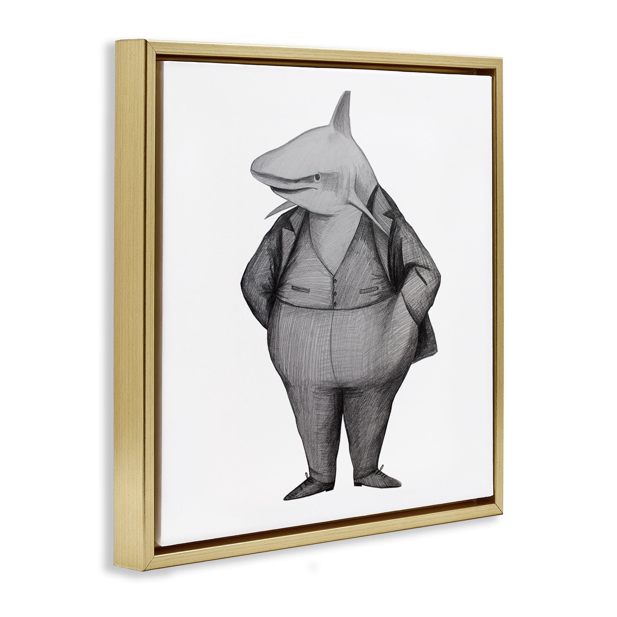 Stupell Industries Shark In Suit Drawing Gold Framed Floater Canvas Wall Art, design by Violeta Vollmer