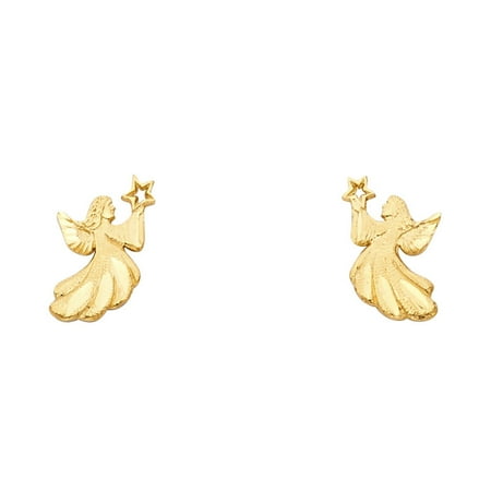 - Angel with Star Stud Earrings Solid 14k Yellow Gold Diamond Cut Polished Finish Genuine 13 x 7 mm
