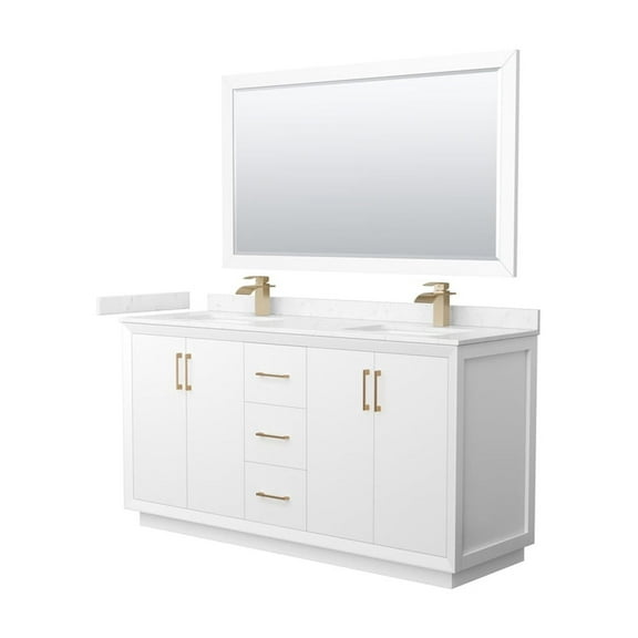 66" Double Vanity Set - White Carrara Marble Top, Sink, Mirror & Bronze Trim
