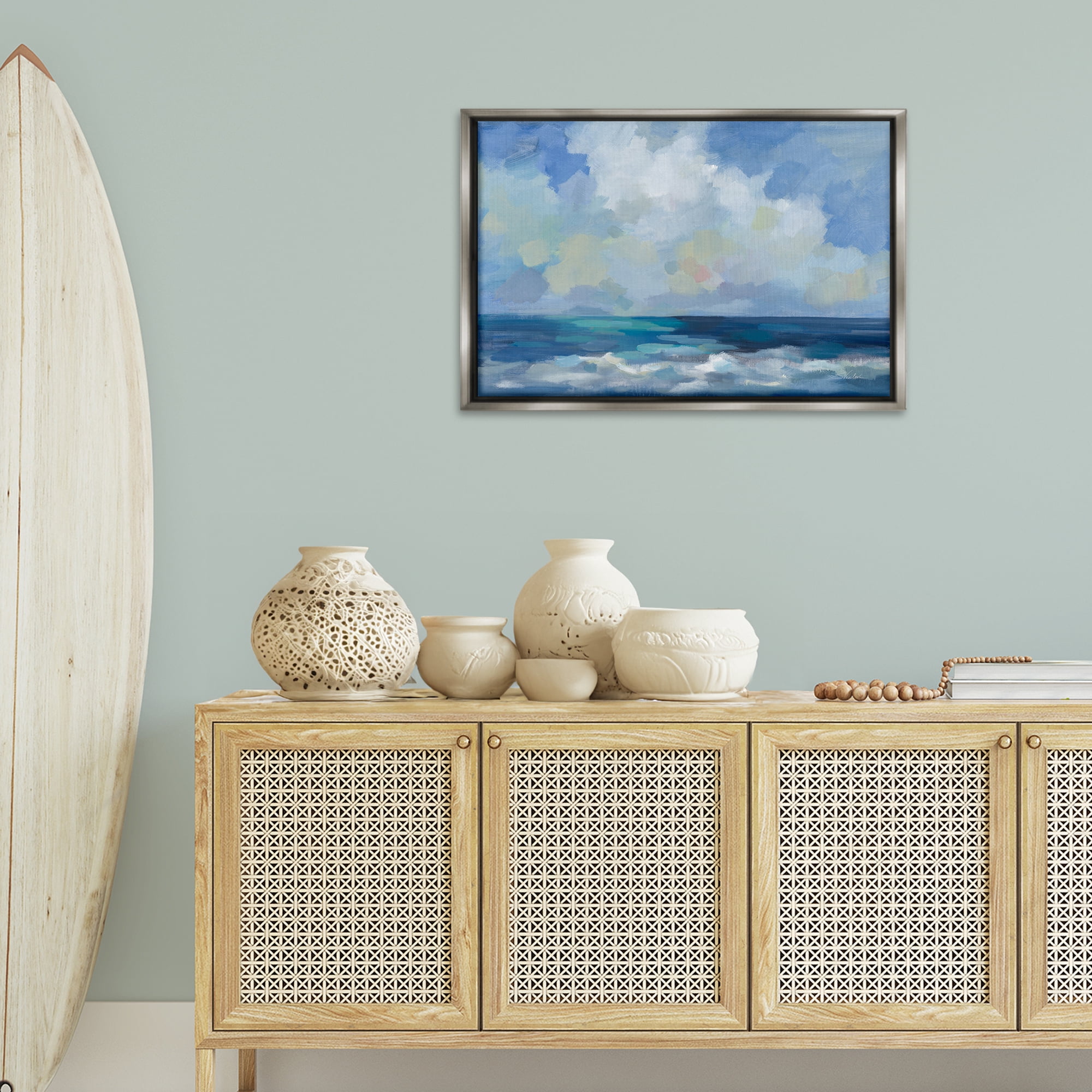 Stupell Industries Nautical Waves & Clouds Nautical & Beach Painting Gray Floater Framed Canvas Art Print Wall Art, 31 x 21