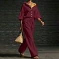 thumbnail image 5 of Women's Linen 2 Piece Outfit Oversized Button Down Shirts High Waist Pleated Wide Leg Pants Matching Tracksuit Set office Casual Outfits Wine, 5 of 7