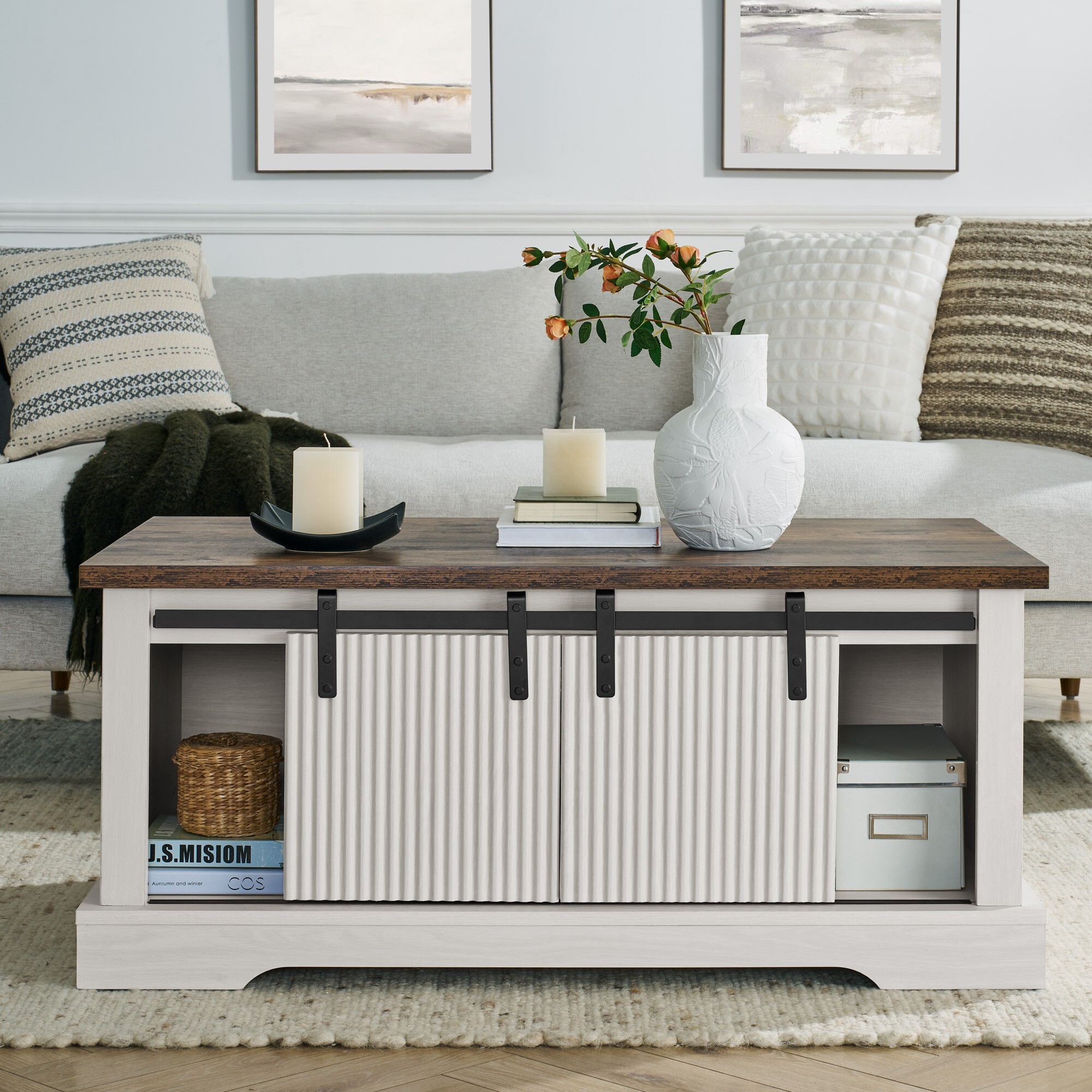 DEALTOPS Rustic Farmhouse Coffee Table with Sliding Barn Doors, Modern Accent Furniture, Antique White