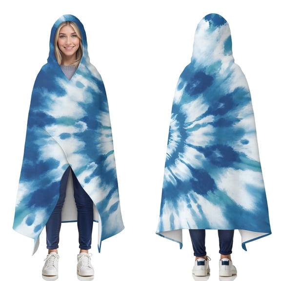 Wearable Blanket,Blue Tie Dye Mandala Pattern Hooded Wearable Flannel Blanket for Adults & Teens,Winter Poncho Shawl Wrap Cape Cozy Anti-Pill,50"x60"