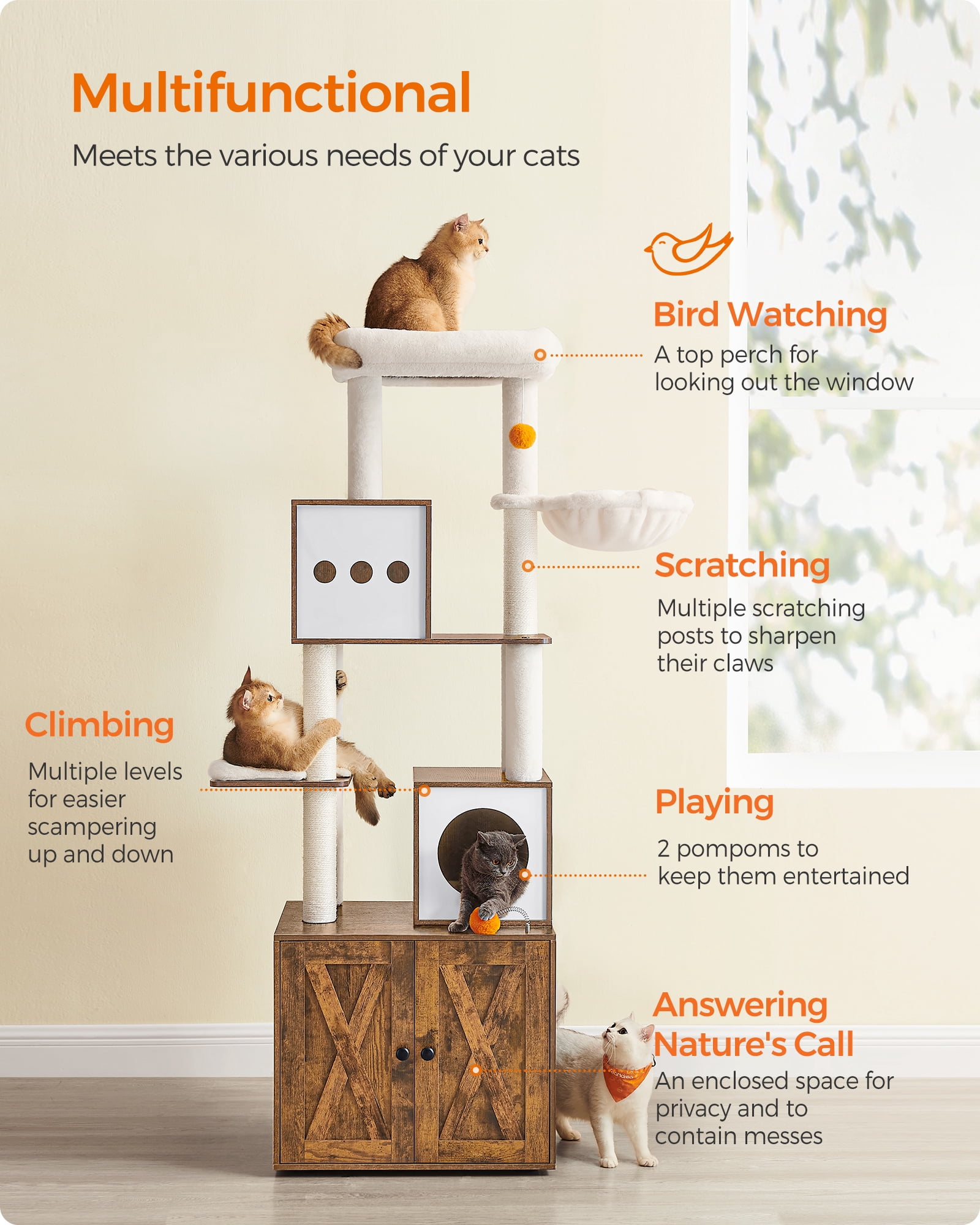Cat Tree with Litter Box Enclosure - 2-in-1 Modern Cat Tower | 72.8-Inch Tall Condo with Scratching Posts, Perch, Caves, Basket, Washable Cushions, Rustic Brown